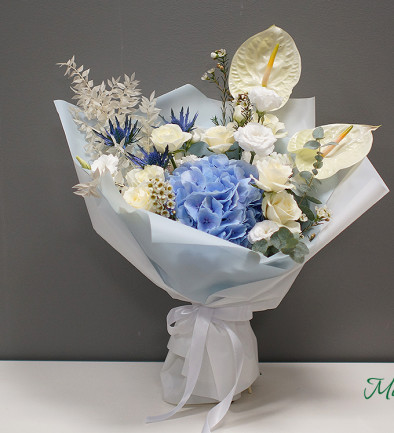 Bouquet of Blue Hydrangea, White Rose, Lisianthus, Anthurium, and Eryngium photo 394x433